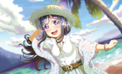 Rule 34 | 1girl, absurdres, al aoi aoba, artist name, artist request, beach, belt, blue hair, blue sky, breasts, cloud, collared shirt, female focus, hat, highres, jewelry, long hair, looking at viewer, love live!, love live! sunshine!!, matsuura kanan, mountain, necklace, ocean, palm tree, parted lips, ponytail, puffy sleeves, purple eyes, shirt, sky, small breasts, smile, solo, tree, white shirt
