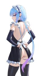Rule 34 | 1boy, absurdres, alternate costume, arknights, ass, back bow, backless dress, backless outfit, bare shoulders, black choker, black dress, black thighhighs, blue hair, blush, bow, chinese commentary, choker, closed mouth, commentary, cowboy shot, crossdressing, detached sleeves, dress, enmaided, frilled dress, frills, from behind, gradient hair, highres, jellyfish hair ornament, long hair, long sleeves, looking at viewer, looking back, low ponytail, maid, maid headdress, mizuki (arknights), multicolored hair, no panties, purple eyes, purple hair, shortofsugar, simple background, smile, solo, thighhighs, trap, very long hair, white background, white bow