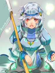 Rule 34 | 1girl, armor, flag, flagpole, helmet, mataichi mataro, ole tower, open mouth, red eyes, short hair, silver hair, solo, tire roller (ole tower)