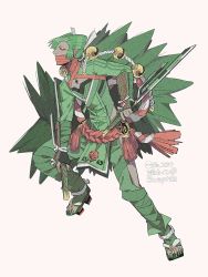 Rule 34 | 1boy, armor, beige background, bell, belt, character name, creatures (company), earrings, english text, fingerless gloves, fingernails, game freak, gen 3 pokemon, gloves, green gloves, green hair, green nails, harurie, highres, holding, holding sword, holding weapon, japanese clothes, jewelry, long toenails, male focus, mask, mouth mask, nail polish, nintendo, pointy ears, pokedex number, pokemon, pokemon (creature), rope belt, sceptile, simple background, single earring, solo, sword, tattoo, toenails, vambraces, weapon, yellow eyes