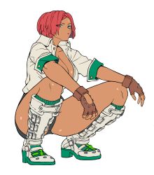 Rule 34 | 1girl, arc system works, ass, boots, breasts, byunsang, cleavage, dark-skinned female, dark skin, giovanna (guilty gear), gloves, green eyes, guilty gear, highres, jacket, large breasts, red hair, shorts, squatting