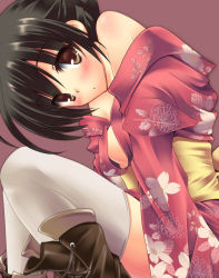 Rule 34 | 1girl, black hair, blush, brown eyes, japanese clothes, kimono, nanashi (soregashi), original, red kimono, solo, thighhighs, yukata