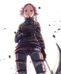 Rule 34 | 1girl, arm at side, armor, backpack, bag, black gloves, breasts, cowboy shot, debris, dorohedoro, ebisu (dorohedoro), from below, gloves, hand on own stomach, highres, holding, holding scythe, holding weapon, long sleeves, looking at viewer, looking down, motion blur, noe yagyo, pants, parted lips, purple hair, scythe, shirt, short hair, small breasts, solo, torn clothes, torn shirt, weapon, white background