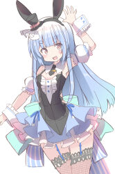 Rule 34 | 1girl, absurdres, animal ears, arm up, bare shoulders, black dress, black hairband, black headwear, blue hair, blush, breasts, brown thighhighs, commentary request, detached sleeves, dress, fake animal ears, fishnet thighhighs, fishnets, garter straps, hairband, hat, highres, hololive, mini hat, mini top hat, puffy short sleeves, puffy sleeves, rabbit-shaped pupils, rabbit ears, red eyes, short eyebrows, short sleeves, simple background, small breasts, solo, symbol-shaped pupils, thick eyebrows, thighhighs, tilted headwear, top hat, umberblack, usada pekora, virtual youtuber, white background, white sleeves, wrist cuffs