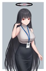 Rule 34 | 1girl, absurdres, bare shoulders, black hair, black skirt, blue archive, breasts, closed mouth, durian12, hair ornament, hairpin, halo, highres, id card, large breasts, long hair, looking at viewer, red eyes, ribbed sweater, ringed eyes, rio (blue archive), skirt, sleeveless, sleeveless sweater, solo, sweater, white sweater