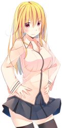 Rule 34 | 1girl, :3, blonde hair, blush, breasts, dress shirt, fujiwara gacho, hands on own hips, highres, long hair, looking at viewer, original, red eyes, shirt, simple background, skirt, smile, solo, thighhighs, white background