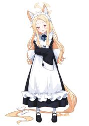 Rule 34 | 1girl, absurdly long hair, alternate costume, animal ears, apron, beko (beco 1122), bird, bird on hand, black dress, black footwear, blonde hair, blue archive, blue ribbon, bow, bright pupils, commentary, dress, enmaided, flower, forehead, fox ears, frilled apron, frills, full body, gradient eyes, hair bow, hair flower, hair ornament, halo, head tilt, highres, jitome, light blush, long-tailed tit, long hair, maid, maid apron, maid headdress, mary janes, multicolored eyes, neck ribbon, open mouth, orange eyes, parted bangs, ribbon, seia (blue archive), shoes, simple background, sleeves past fingers, sleeves past wrists, smile, solo, standing, tit (bird), twitter username, very long hair, very long sleeves, white apron, white background, white bow, white flower, white pupils, yellow eyes