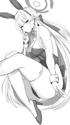 Rule 34 | 1girl, absurdres, animal ears, bare arms, bare shoulders, blue archive, blush, bow, bowtie, breasts, detached collar, fake animal ears, fake tail, hair ornament, hairband, halo, hand up, high heels, highres, hotate-chan, large breasts, leotard, looking at viewer, monochrome, playboy bunny, rabbit ears, rabbit tail, solo, tail, thighs, toki (blue archive), toki (bunny) (blue archive), wrist cuffs