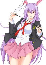 Rule 34 | 1girl, animal ears, bad id, bad twitter id, blazer, breasts, buttons, collared shirt, cowboy shot, crescent, crescent pin, jacket, light purple hair, long hair, long sleeves, looking at viewer, medium breasts, necktie, open clothes, open jacket, parted lips, pink skirt, rabbit ears, red eyes, red necktie, reisen udongein inaba, riding crop, shirt, skirt, solo, touhou, very long hair, watarase piro, white shirt