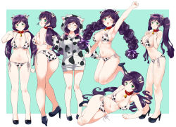 Rule 34 | animal ears, animal print, ass, bare arms, bare legs, bare shoulders, bell, neck bell, bikini, breasts, cleavage, collar, cow ears, cow hood, cow horns, cow print, closed eyes, green eyes, hair ornament, high heels, highres, horns, kurokawa makoto, large breasts, long hair, looking at viewer, love live!, love live! school idol project, low twintails, lying, navel, one eye closed, open mouth, purple hair, red collar, scrunchie, shoes, side-tie bikini bottom, smile, standing, swimsuit, tojo nozomi, twintails, white bikini