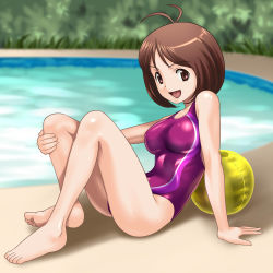 Rule 34 | 1girl, ball, barefoot, breasts, brown eyes, brown hair, competition swimsuit, feet, hidaka ai, idolmaster, leg hold, muhi11234, one-piece swimsuit, pool, smile, solo, swimsuit