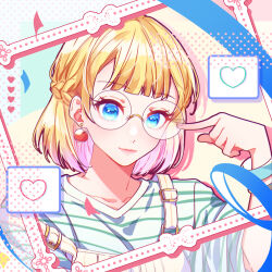 Rule 34 | 1girl, absurdres, apple earrings, bespectacled, blonde hair, blue eyes, bracelet, braid, casual, closed mouth, colored inner hair, commentary, dotted background, dotted line, earrings, food-themed earrings, food themed earrings, framed, glasses, half updo, heart, highres, honeyworks, index finger raised, jewelry, kokuhaku jikkou iinkai, lips, multicolored background, multicolored hair, narumi mona, overalls, pink hair, pink lips, pointing, pointing at self, round eyewear, shirt, short hair, short sleeves, single braid, solo, sophia pie 12, strap slip, striped clothes, striped shirt, two-tone hair, upper body, white overalls, white shirt