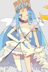 Rule 34 | 1girl, bad id, bad pixiv id, blue eyes, blue hair, crescent, crescent earrings, crescent moon, crown, earrings, grey background, highres, jewelry, long hair, lots of jewelry, matching hair/eyes, midriff, moon, one eye closed, original, pikaro, simple background, single thighhigh, smile, solo, star (symbol), star earrings, thighhighs, very long hair, wings