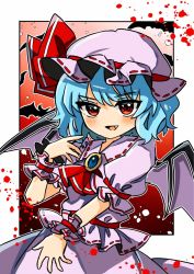 Rule 34 | 1girl, :d, ascot, bat (animal), bat wings, blue hair, cowboy shot, fang, hat, hat ribbon, highres, key747h, looking at viewer, mob cap, one-hour drawing challenge, open mouth, outside border, pink hat, pink shirt, red ascot, red background, red eyes, red ribbon, remilia scarlet, ribbon, ribbon-trimmed headwear, ribbon trim, shirt, short hair, short sleeves, smile, solo, standing, touhou, wings