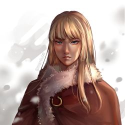 Rule 34 | 1boy, androgynous, blonde hair, blue eyes, blunt bangs, canute, cape, closed mouth, eyelashes, fur-trimmed cape, fur trim, long hair, looking at viewer, male focus, marliu99, ornament, prince, shiny skin, snow, snowing, solo, twitter username, viking, vinland saga