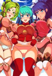 Rule 34 | 3girls, aqua hair, armor, artist name, black panties, blue eyes, blue hair, blush, braid, breastplate, breasts, cameltoe, clothes lift, dress, dress lift, eirika (fire emblem), fire emblem, fire emblem: the sacred stones, flashing, gloves, gluteal fold, green eyes, green hair, highres, l&#039;arachel (fire emblem), large breasts, lifted by self, long hair, multiple girls, nintendo, open mouth, panties, ponytail, red gloves, red legwear, revolverwing, skirt, skirt lift, tana (fire emblem), thighhighs, twin braids, underwear, white panties