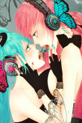 Rule 34 | 2girls, aqua eyes, aqua hair, blush, butterfly hair ornament, butterfly wings, cup, face-to-face, fingerless gloves, gloves, hair ornament, hat, hatsune miku, headphones, headset, highres, insect wings, long hair, magnet (vocaloid), megurine luka, mini hat, mini top hat, multiple girls, pink hair, top hat, twintails, vocaloid, wings, yunomi, yunomi (yunomi imonuy), yuri