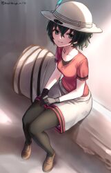 Rule 34 | 1girl, backpack, bag, black hair, blush, breasts, gloves, hat, hat feather, helmet, highres, kaban (kemono friends), kemono friends, loafers, looking at viewer, medium breasts, pantyhose, pith helmet, red shirt, riro (breakthrough rr), shirt, shoes, short hair, shorts, smile, solo