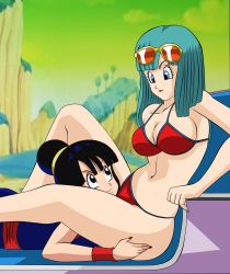 Rule 34 | 2girls, aqua hair, aqua nails, bare arms, bare legs, bare shoulders, bikini, black eyes, black hair, blue dress, blue eyes, breasts, bulma, chair, chi-chi (dragon ball), cleavage, closed mouth, dicasty, dragon ball, dragonball z, dress, eye contact, eyewear on head, female focus, hair bun, highres, knee up, leg grab, legs, lips, lipstick, long hair, looking at another, looking down, looking up, lying, makeup, mature female, midriff, multiple girls, nail polish, naughty face, navel, on stomach, outdoors, red bikini, red lips, red nails, red wristband, short hair, single hair bun, sitting, sleeveless, sleeveless dress, sunglasses, swimsuit, yuri