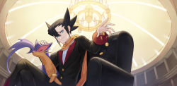 Rule 34 | 1boy, aqua eyes, armchair, bad id, bad twitter id, black hair, black jacket, black pants, buttons, chair, chandelier, closed mouth, coin, commentary request, creatures (company), dropping, from below, game freak, gen 5 pokemon, grimsley (pokemon), hair between eyes, headpat, highres, jacket, korean commentary, liepard, long sleeves, looking down, male focus, mongguri, nintendo, pants, pointy hair, pokemon, pokemon (creature), pokemon bw, scarf, short hair, sitting, smile