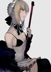 Rule 34 | 1girl, apron, artoria pendragon (all), artoria pendragon (alter swimsuit rider) (second ascension) (fate), artoria pendragon (fate), bikini, bikini top only, black bikini, black bra, blonde hair, bow, bra, braid, breasts, broom, commentary request, detached collar, fate (series), french braid, frilled bra, frills, from side, hair bow, highres, holding, holding broom, long sleeves, looking at viewer, maid, maid apron, maid bikini, maid headdress, navel, open clothes, open mouth, saber alter, shiny skin, sidelocks, small breasts, solo, swimsuit, unconventional maid, underwear, walzrj, white background, yellow eyes
