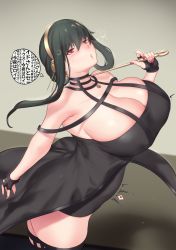 Rule 34 | 1girl, aster crowley, belly, black dress, black hair, breasts, choker, cleavage, curvy, dress, feet out of frame, hairband, heart, highres, holding, holding knife, huge breasts, kanji, knife, looking at viewer, mature female, red eyes, smile, solo, spy x family, standing, thick thighs, thighs, yor briar