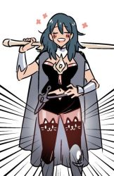 Rule 34 | 1girl, armor, bad id, bad twitter id, blue hair, breasts, byleth (female) (fire emblem), byleth (fire emblem), cape, cat lingerie, fire emblem, fire emblem: three houses, gloves, hand on own hip, meme attire, mira ong chua, navel, nintendo, pantyhose, shorts, simple background, smile, solo, sword, thighhighs, weapon, white background