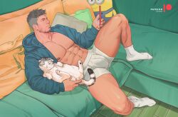 Rule 34 | 1boy, abs, absurdres, animal, asymmetrical hair, bare pectorals, black hair, bulge, cat, closed mouth, facial hair, highres, holding, holding phone, hood, hood down, hooded jacket, jacket, katto8452, looking at phone, male focus, male underwear, navel, nipples, open clothes, open jacket, original, patreon username, pectorals, phone, short hair, sidecut, socks, undercut, underwear, white male underwear