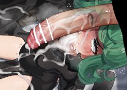 Rule 34 | 1boy, 1girl, absurdres, after fellatio, after rape, bar censor, black dress, blush, breasts, censored, cum, cum in mouth, cum in nose, cum inflation, dress, excessive cum, facial, green eyes, green hair, hetero, highres, huge penis, inflation, mizumizuni, nose blush, one-punch man, penis, rolling eyes, small breasts, solo focus, tatsumaki, vomiting cum