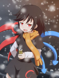 Rule 34 | 1girl, :d, adapted costume, alternate costume, asymmetrical wings, black dress, black hair, can, canned coffee, casual, cato (monocatienus), dress, drink can, holding, houjuu nue, layered sleeves, long sleeves, looking at viewer, open mouth, red eyes, scarf, short dress, short hair, short over long sleeves, short sleeves, smile, snowing, solo, steam, thighhighs, touhou, wings, zettai ryouiki
