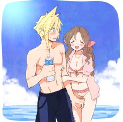 Rule 34 | 1boy, 1girl, abs, aerith gainsborough, arm hug, bikini, blonde hair, blue eyes, blue male swimwear, blue swim trunks, blush, bottle, braid, braided ponytail, breasts, cleavage, closed eyes, cloud, cloud strife, cloudy sky, costa del sol, final fantasy, final fantasy vii, hair ribbon, happy, holding, holding another&#039;s arm, holding bottle, jacket, jewelry, krudears, male swimwear, medium breasts, necklace, ocean, open mouth, parted bangs, pectorals, pink bikini, pink jacket, pocari sweat, polka dot, polka dot bikini, ribbon, short sleeves, sidelocks, sky, smile, spiked hair, sweat, swim trunks, swimsuit, topless male