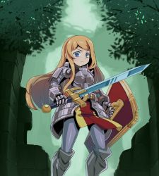 Rule 34 | 1girl, armor, blonde hair, blue eyes, blush, breastplate, cro, etrian odyssey, fantasy, faulds, frown, gauntlets, greaves, long hair, looking at viewer, outdoors, paladin (sekaiju), ruins, shield, solo, sword, tree, weapon