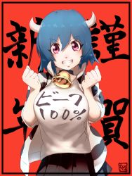 Rule 34 | 1girl, animal print, bell, black skirt, blue hair, blush, breasts, clenched hands, collar, cow girl, cow horns, cow print, grin, highres, horns, jacket, jashin-chan dropkick, large breasts, looking at viewer, minos (jashin-chan dropkick), neck bell, open clothes, open jacket, parted lips, purple eyes, red background, shirt, short hair, simple background, skirt, smile, solo, teeth, upper body, white shirt