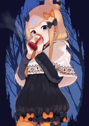 Rule 34 | 1girl, abigail williams (fate), abigail williams (winter caravan online 2021) (fate), absurdres, adapted costume, bandaid, bandaid on face, bandaid on forehead, bare tree, black dress, blonde hair, bow, commentary request, cowboy shot, cup, dress, dress bow, drinking, fate/grand order, fate (series), forehead, hair bow, hair bun, highres, leggings, long sleeves, looking at viewer, medium hair, mug, night, official alternate costume, orange leggings, outdoors, parted bangs, purple eyes, shawl, single hair bun, solo, standing, tree, usuaji