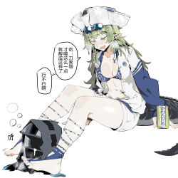 Rule 34 | 1girl, 1other, :d, absurdres, anklet, arknights, bikini, blush, breasts, can, chinese text, doctor (arknights), drooling, eyewear on head, feet, gavial (arknights), green hair, hat, highres, jewelry, long hair, mask, medium breasts, open mouth, pointy ears, renxzd, shorts, simple background, sitting, smile, sunglasses, swimsuit, tail, toenails, toes, translation request, white background