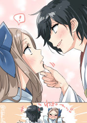 Rule 34 | !, +++, 2girls, ahoge, asakaze (kancolle), bad id, bad twitter id, black hair, blue bow, blue eyes, blush, bow, brown hair, closed mouth, commentary request, ebifurya, eye contact, closed eyes, grabbing another&#039;s chin, hair bow, hand on another&#039;s chin, hat, highres, inactive account, kantai collection, long hair, long sleeves, looking at another, matsukaze (kancolle), mini hat, multiple girls, open mouth, short hair, sidelocks, spoken exclamation mark, twitter username, wide sleeves