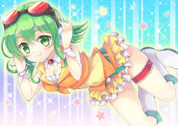 Rule 34 | 1girl, bad id, bad pixiv id, breasts, cleavage, frilled skirt, frills, goggles, goggles on head, green eyes, green hair, gumi, hands on headphones, harimoji, headset, looking at viewer, matching hair/eyes, red-tinted eyewear, short hair, skirt, smile, solo, tinted eyewear, vocaloid