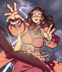 Rule 34 | 1girl, armor, armored dress, bangle, book, bracelet, breasts, brown hair, choker, cleavage, cloud, cloudy sky, commentary, dorothea arnault, dress, earrings, empty eyes, fingernails, fire emblem, fire emblem: three houses, fishnet top, fishnets, floating, floating book, floating object, jewelry, large breasts, lightning, long dress, long hair, long sleeves, magic, nintendo, open book, open mouth, original, pink dress, puffy long sleeves, puffy sleeves, quelconque, reaching, reaching towards viewer, sky, solo, standing, symbol-only commentary, teeth, triangle earrings, upper teeth only
