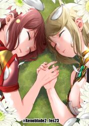 Rule 34 | 2girls, breasts, highres, holding hands, large breasts, multiple girls, mythra (xenoblade), nayuta-kanata, pyra (xenoblade), sleeping, xenoblade chronicles (series), xenoblade chronicles 2
