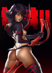 Rule 34 | 10s, 1girl, adapted costume, artist request, ass, black hair, blue eyes, blush, body armor, breasts, from behind, gradient background, highres, kill la kill, lips, looking at viewer, looking back, matoi ryuuko, multicolored hair, nipples, p0rn88, red hair, short hair, sideboob, solo, thighhighs