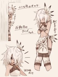 Rule 34 | black sclera, blush, character sheet, colored sclera, embarrassed, hair over eyes, hair over one eye, highres, kaginoni, kurome-chan (kaginoni), messy hair, midriff, navel, open mouth, original, shy, slit pupils, text focus, translated, tribal, wavy mouth, white hair