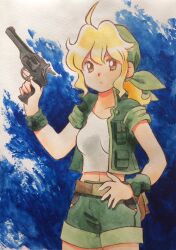 Rule 34 | 1girl, ahoge, bandana, blonde hair, breasts, brown hair, commentary request, cowboy shot, green bandana, green jacket, green shorts, green wristband, gun, hand on own hip, highres, holding, holding gun, holding weapon, jacket, kaigen 1025, kasamoto eri, medium breasts, metal slug, navel, open clothes, open jacket, ponytail, shirt, shorts, solo, weapon, white shirt, wristband