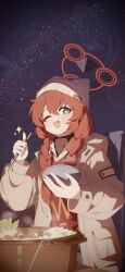 Rule 34 | + +, 1girl, absurdres, animal ear headwear, animal ears, beanie, blue archive, blue eyes, bowl, braid, chopsticks, commentary request, fake animal ears, grey hat, grey jacket, halo, hat, highres, holding, holding bowl, holding chopsticks, jacket, long hair, long sleeves, maki (blue archive), maki (camp) (blue archive), night, night sky, official alternate costume, one eye closed, open mouth, patanda, puffy long sleeves, puffy sleeves, red hair, red halo, sky, solo, star (sky), starry sky, twin braids