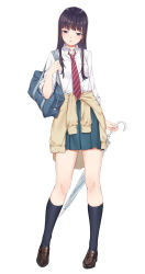 Rule 34 | 1girl, bag, black hair, blue socks, closed mouth, clothes around waist, fangxiang cuoluan, full body, highres, kneehighs, koi wa ameagari no you ni, loafers, long hair, looking at viewer, necktie, purple eyes, school bag, school uniform, shoes, simple background, socks, solo, standing, sweater, sweater around waist, tachibana akira