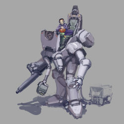 Rule 34 | 1girl, absurdres, blue jumpsuit, brown hair, commentary, english commentary, grey background, gun, head tilt, headphones, helmet, highres, holding, holding gun, holding helmet, holding weapon, jumpsuit, looking at viewer, mecha, mike doscher, open hand, original, robot, science fiction, sketch, smile, weapon
