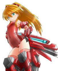 Rule 34 | 1girl, bare shoulders, breasts, densou tenshi valforce, elbow gloves, gloves, green eyes, hands on own hips, karukan (monjya), long hair, mecha musume, mechanical arms, misawa elena, one-piece swimsuit, orange hair, red one-piece swimsuit, red thighhighs, school swimsuit, small breasts, solo, swimsuit, thighhighs, thrusters, two side up