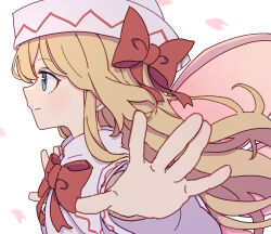 Rule 34 | 1girl, absurdres, blonde hair, blue eyes, capelet, closed mouth, dress, fairy, fairy wings, from side, hat, highres, kame (kamepan44231), lily white, long hair, long sleeves, outstretched arms, petals, profile, simple background, smile, solo, spread arms, touhou, upper body, white background, white capelet, white dress, white hat, wide sleeves, wings