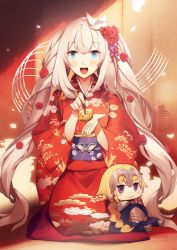 Rule 34 | 1girl, blonde hair, blue eyes, character doll, fate/grand order, fate (series), floral print, highres, japanese clothes, jeanne d&#039;arc (fate), jeanne d&#039;arc (ruler) (fate), kimono, long hair, looking at viewer, marie antoinette (fate), no-kan, open mouth, print kimono, red kimono, sash, simple background, smile, solo, very long hair, wide sleeves