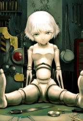 Rule 34 | android, doll, doll joints, expressionless, joints, original, robot joints, s zenith lee, short hair, sitting, solo, white hair, yellow eyes