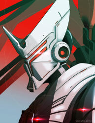 Rule 34 | absurdres, artist name, character request, glowing, gradient background, grey background, highres, key visual, looking at viewer, mecha, mecha focus, miru (anime), official art, promotional art, red background, robot, science fiction, upper body, ykbx